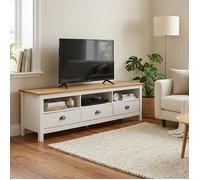 IDIMEX Meuble TV Campo L 159 cm avec 3 Tiroirs et 3 Niches en Bois Massif Couleur Blanc et Brun Style Campagne, Passe-Câbles Intégré, Poignées en Métal, pour Téléviseurs jusqu'à 70"