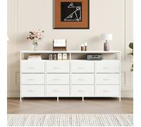 Meuble TV Commode 12 tiroirs en tissu étagères ouvertes grand rangement chambre salon Blanc