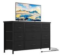 Meuble TV commode industrielle - 10 tiroirs tissu - Plateau bois - Cadre métal - Noir