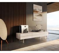 Meuble-TV Cuor 150 cm Céramique Laminam® Travertino Bianco Crème-blanc 1 Clapet 1 Tiroir Pied optique flottant Verre acrylique