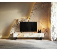 Meuble-TV Cuor 150 cm Céramique Minas Melange Blanc-beige 1 Clapet 1 Tiroir Pied optique flottant Métal Noir