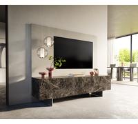 Meuble-TV Cuor 180 cm Céramique Emperador Extra Lucidato brun foncé 1 Clapet 2 Tiroirs Pied optique flottant Ancier inoxydable