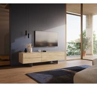Meuble-TV Cuor 180 cm Céramique Laminam® Sabbia Teinte chêne 1 Clapet 2 Tiroirs Pied optique flottant Ancier inoxydable