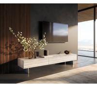 Meuble-TV Cuor 200 cm Céramique Laminam® Travertino Bianco Crème-blanc 1 Clapet 1 Tiroir Pied optique flottant Ancier inoxydable