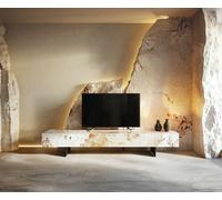 Meuble-TV Cuor 200 cm Céramique Minas Melange Blanc-beige 1 Clapet 1 Tiroir Pied optique flottant Métal Noir