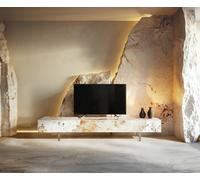 Meuble-TV Cuor 200 cm Céramique Minas Melange Blanc-beige 1 Clapet 1 Tiroir Pied optique flottant Verre acrylique