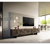 Meuble-TV Cuor 220 cm Céramique Emperador Extra Lucidato brun foncé 1 Clapet 2 Tiroirs Pied optique flottant Métal Noir