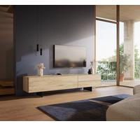 Meuble-TV Cuor 220 cm Céramique Laminam® Sabbia Teinte chêne 1 Clapet 2 Tiroirs Pied optique flottant Métal Noir