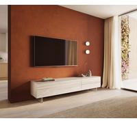 Meuble-TV Cuor 220 cm Céramique Laminam® Travertino Bianco Crème-blanc 1 Clapet 2 Tiroirs Pied optique flottant Verre acrylique