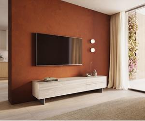 Meuble-TV Cuor 220 cm Céramique Laminam® Travertino Bianco Crème-blanc 1 Clapet 2 Tiroirs Pied optique flottant Ancier inoxydable