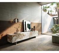Meuble-TV Cuor 220 cm Céramique Minas Melange Blanc-beige 1 Clapet 2 Tiroirs Pied optique flottant Ancier inoxydable