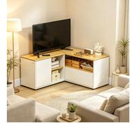 Meuble TV d’angle en L 90 x 90 x 45 cm blanc et bois clair 2 portes et 3 niches