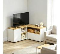 Meuble TV d’angle L AESVAR 3 étagères ouvertes et 2 placards blanc et bois clair 80 kg