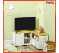 Meuble TV d'angle - AKOZON - 8714 - Aspect bois clair et blanc - 5 rangements (2 portes, 3 niches) - Pour TV <40 pouces