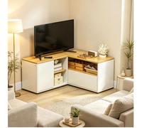 Meuble TV d'angle EVRYAE 90 x 90 x 45 cm 3 étagères ouvertes et 2 placards salon panneau de particules blanc bois clair