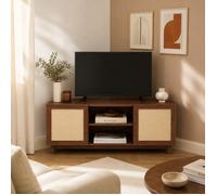 Meuble TV d'angle HARIA effet noyer et rotin 120cm - Bois
