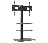 Meuble TV d'angle pivotant, acier et verre, 3 étagères, gestion des câbles, pour écrans 32-65 pouces, VESA 200x200 à 600x400 mm, noir