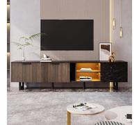 Meuble TV de 200 cm avec un aspect marbre noir, des portes en bois foncé et un éclairage LED réglable. Il dispose de deux portes et de deux tiroirs, et est adapté aux aspirateurs robots