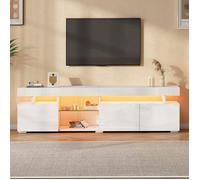 Meuble TV de salon, 3 portes, finition brillante, 180 x 35 x 45 cm, meuble bas, étagères en verre trempé réglables, aggloméré, blanc
