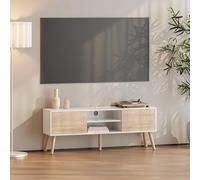 Meuble TV Design Support Télé Banc avec 2 Portes et 2 Étagères Panneau de Particules Mélaminé Pieds en Bois avec Revêtement PVC 120 x 30 x 47 cm Blanc Effet Chêne