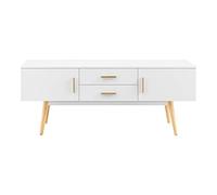 Meuble TV Design Support Télé Banc avec 2 Portes et 2 Tiroirs Panneau de Particules Mélaminé Pieds en Bois 140 x 40 x 56 cm Blanc