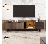 Meuble TV e 200 cm – Aspect marbre noir et veinage bois foncé | Éclairage LED, compatible avec les robots aspirateurs et capacité de charge de 60 kg