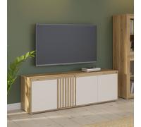 Meuble TV ELISTON - Blanc Mat & Chêne - 4 Portes - 174,3 × 41,5 × 56,1 cm