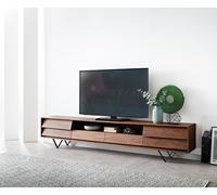 Meuble-TV Eloi 240x35 cm acacia brun 2 portes 2 tiroirs pied en V noir