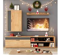 Meuble TV en bois 140 cm Ensemble de meuble TV avec Vitrine et Armoire Murale - Montage Suspendu et Posé - Couleur Bois et Noir