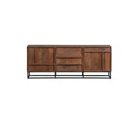 Meuble TV en bois de manguier beige, 2 portes, 3 tiroirs, 2 étagères, pieds acier - Woood, Forrest - 140x42x54 cm