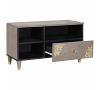 Meuble TV en Bois de Manguier Massif Gris 80x33x46 cm avec Pieds Laiton | Bois massif, rangement multimedia spacieux, style retro glamour, entretien facile, design polyvalent salon