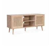 Meuble TV en cannage 120x39x56.5cm - Bohème - Naturel. 2 niveaux. 2 étagères. 2 portes. pieds scandinaves