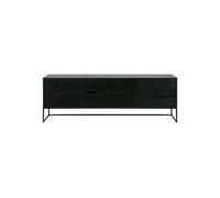 Meuble tv en frêne brossé noir, 2 tiroirs, 1 porte, 1 étagère, pied métal, poignée cuir, FSC - Woood, Silas - 180x44x61 cm