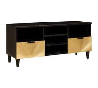Meuble TV en matériau dérivé du bois, noir, doré, 100 x 33 x 46 cm, avec tiroirs et étagères, meuble bas moderne, pour salon, console multimédia compacte, avec espace de rangement et gestion des