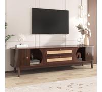 Meuble TV - en mélange de bois naturel - avec portes et tiroirs - Meuble TV avec côtés en rotin - Solution de rangement - Naturel - Style cottage