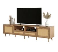 Meuble TV en rotin avec 2 portes + 2 tiroirs,2 espaces de rangement ouverts,pieds en bois massif,pour salon,chêne foncé,200x37x49cm