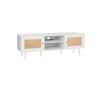 VEVOR Meuble TV en Rotin pour Téléviseur de 65 pouces, Banc TV Bohème Porte en Rotin, Centre de Divertissement avec Prise Intégrée et Ports USB, Console TV Moderne pour Salon, Salle Multimédia, Blanc