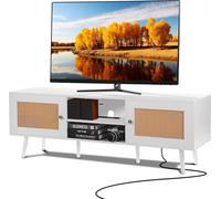 Meuble TV en rotin pour téléviseur 65 pouces Meuble TV Boho avec prise intégrée Blanc