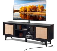 Meuble TV en rotin pour téléviseur 75 pouces Meuble TV Boho avec prise intégrée Noir