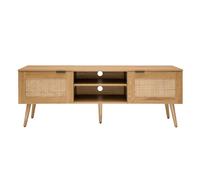 Meuble TV finition bois clair, cannage rotin et métal noir 2 portes L140 cm MANILLE