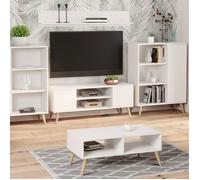 KOBI Meuble TV Focus, Blanc, 135 cm | Style scandinave | Pieds en Bois | Au Salon