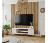 Meuble TV Focus 135 cm Armoire TV - blanc, pieds bois, style scandinave L