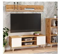 KOBI Meuble TV Focus 135 – style scandinave, pieds en bois, chêne doré - blanc