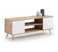 KOBI Meuble TV Focus 135 – style scandinave, pieds en bois, chêne doré - blanc