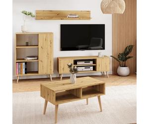 Meuble TV Focus 155 cm Armoire TV chêne artisan - pieds bois, style scandinave
