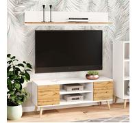 Meuble TV Focus Armoire TV original avec étagères et armoires de style scandinave blanc chêne craft