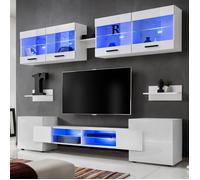Meuble TV Foggia Komodee - LED Bleues - Blanc Brillant et Blanc - Facades en Brillant - 230 x 195 x 35 cm