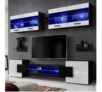Meuble TV Foggia Komodee - LED Bleues - Blanc Brillant et Noir - Facades en Brillant - 230 x 195 x 35 cm