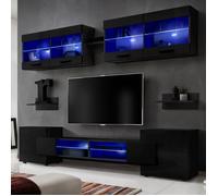 Meuble TV Foggia Komodee - LED Bleues - Noir Brillant et Noir - Facades en Brillant - 230 x 195 x 35 cm