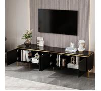 Meuble TV - GENERIQUE - 170x38x50 cm - 4 portes - Noir brillant, baguettes dorées - Gestion câbles